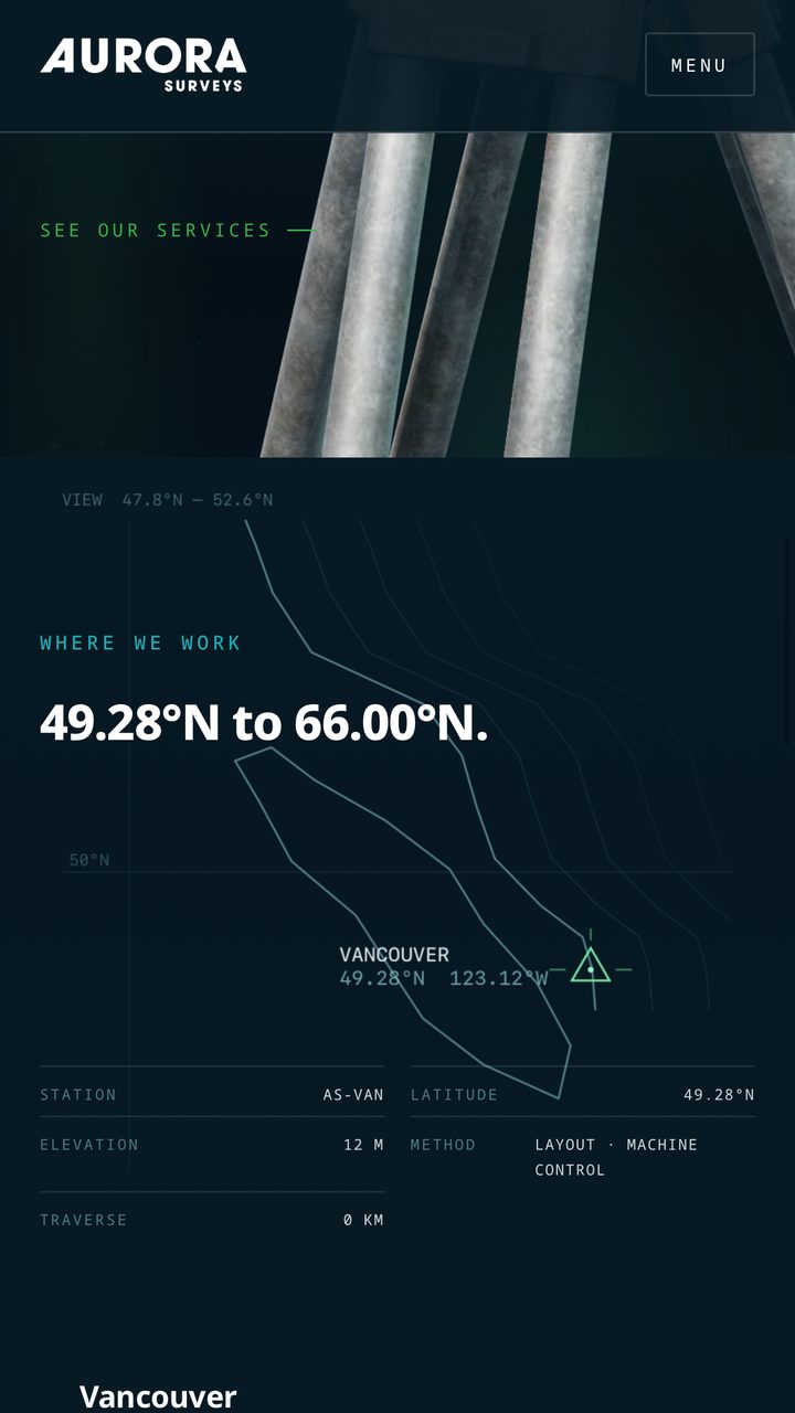 Aurora Surveys website on a phone: the Where we work map, 49.28°N to 66.00°N, starting at Vancouver