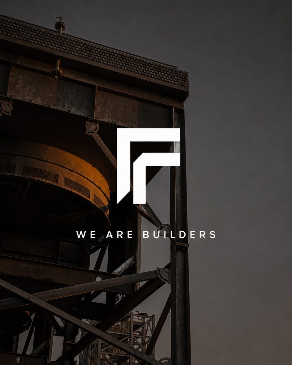The Framework F mark over a steel structure at dusk, with the words We are builders