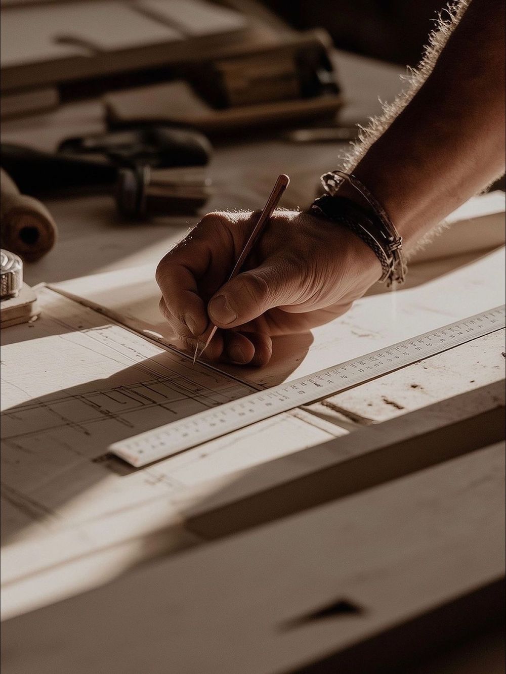 A hand drawing a line against a steel rule on a drafting table