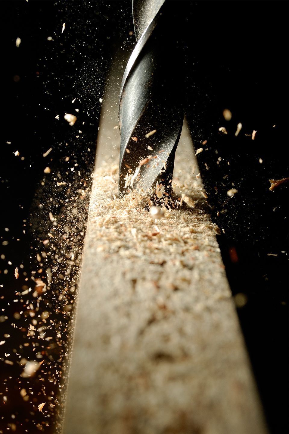 A drill bit boring into timber, shavings flying