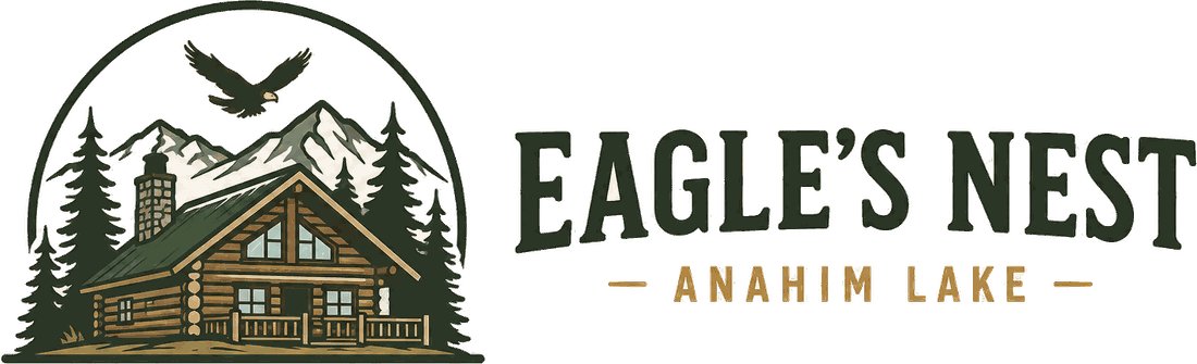 Eagle's Nest, Anahim Lake logo: a log lodge under mountains and an eagle, beside the name